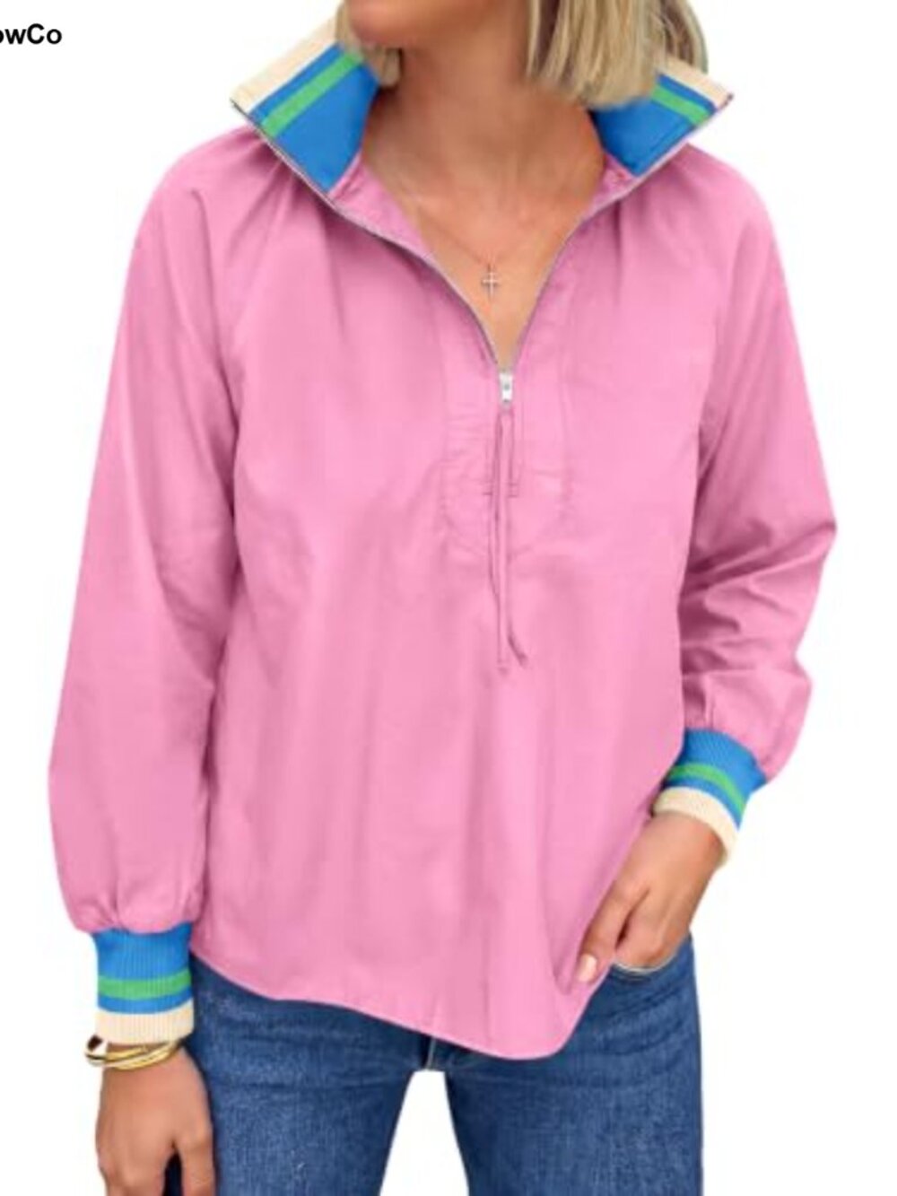 Women's Half Zip Long Sleeve Color Block Blouse V-Neck Pullover Top